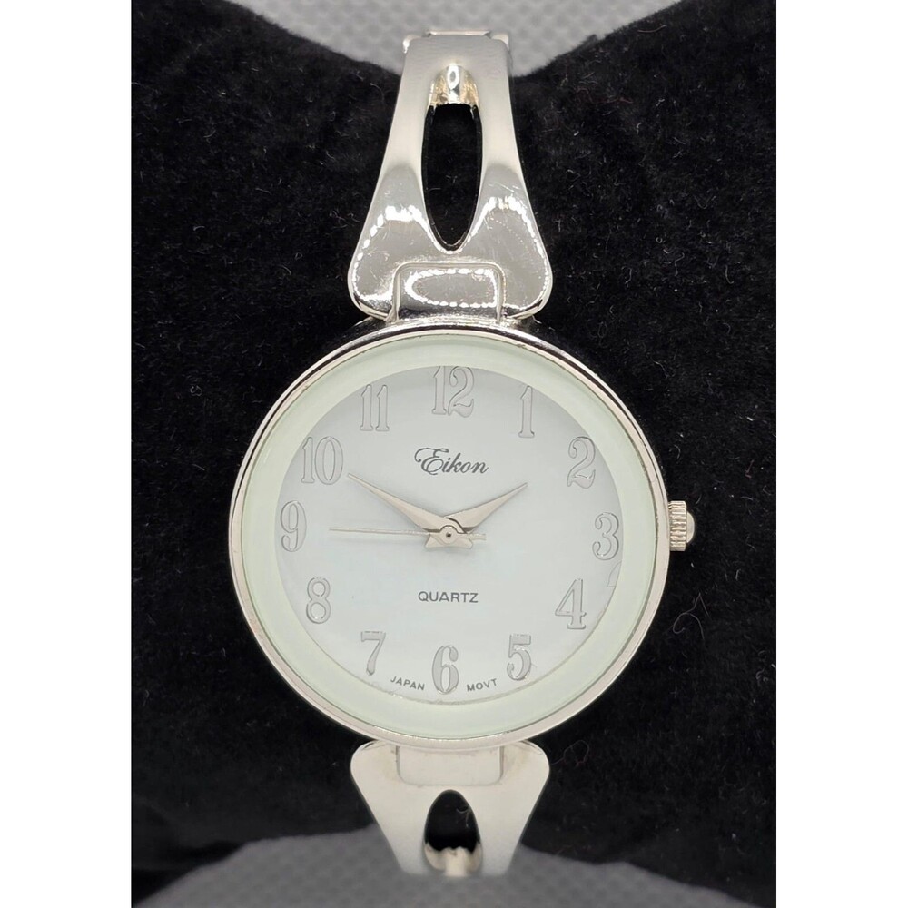 Women's Eikon Round Silver Tone White Dial Case Cuff Bangle Watch 04